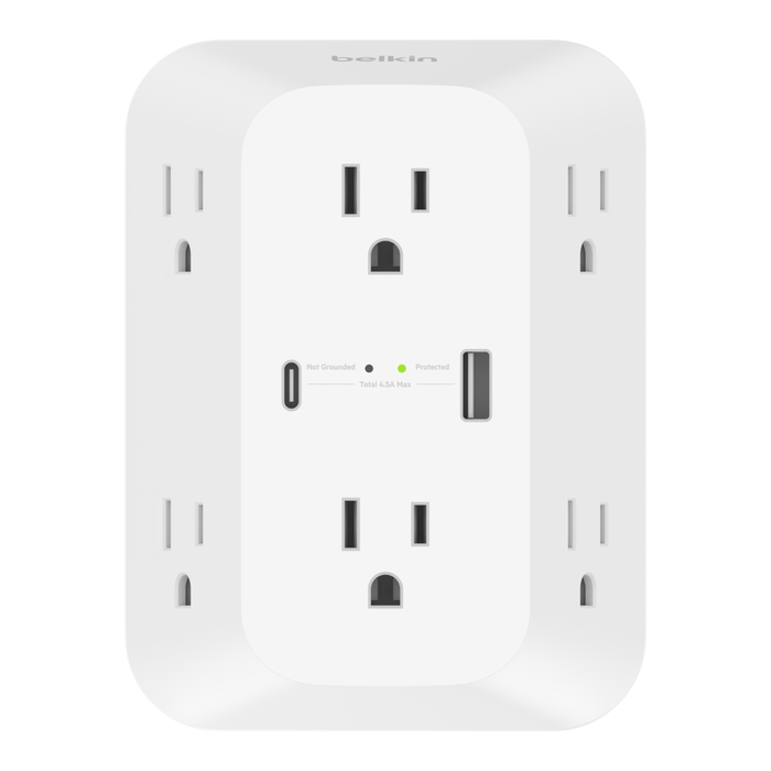 6-Outlet Wall Charger + USB-A and USB-C Ports, , hi-res